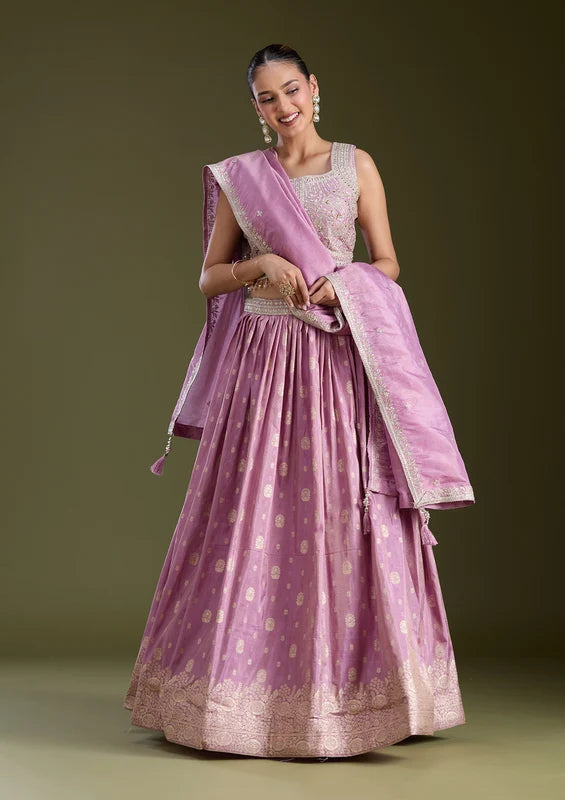 Lavender Sequins Banarasi Readymade Lehenga