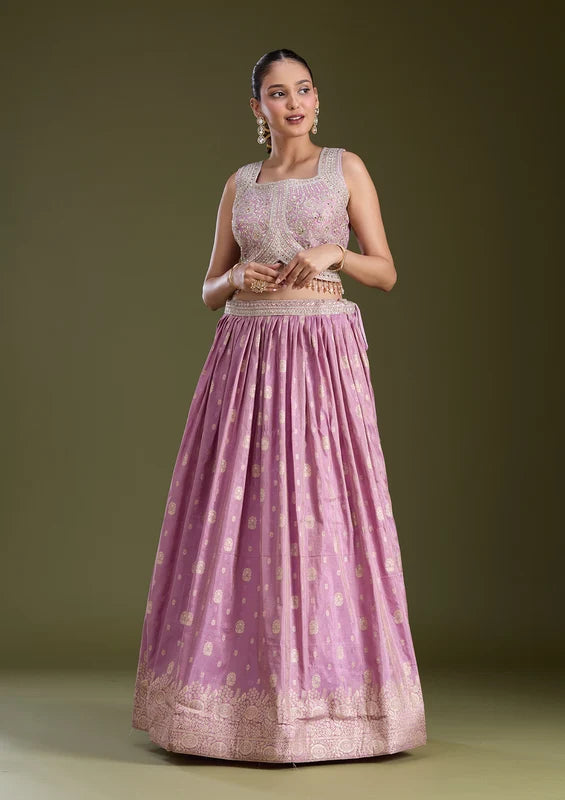 Lavender Sequins Banarasi Readymade Lehenga