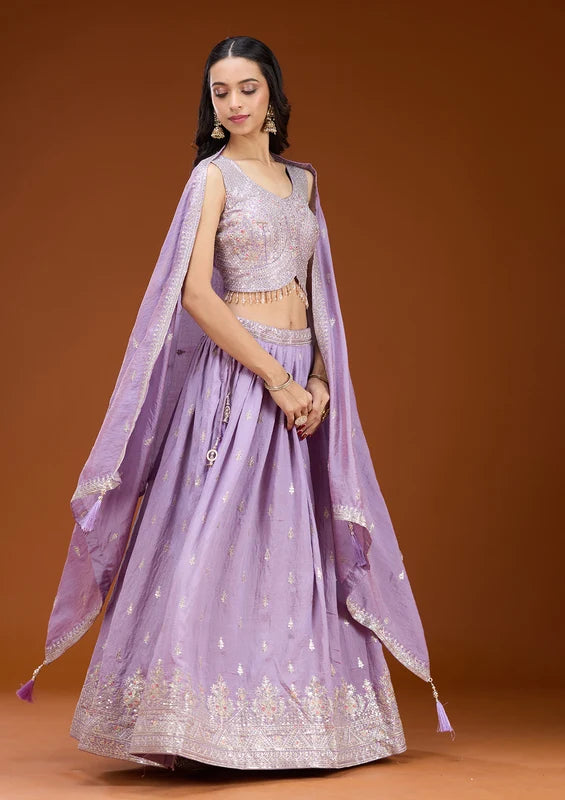 Lavender Zariwork (Silver) Soft Raw Silk Readymade Lehenga