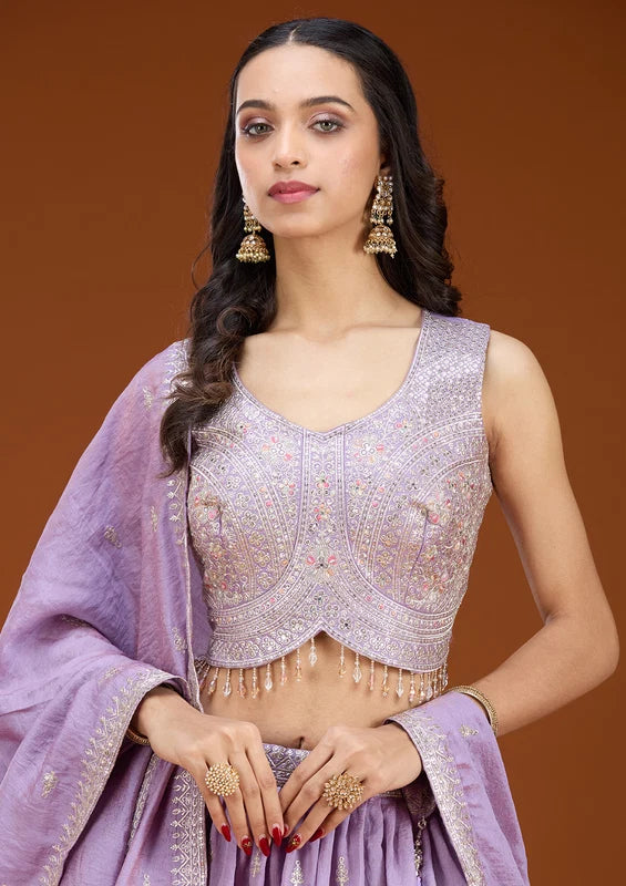 Lavender Zariwork (Silver) Soft Raw Silk Readymade Lehenga