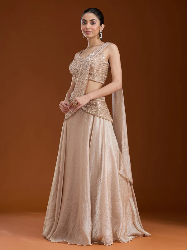 Beige Pearlwork Organza Readymade Lehenga