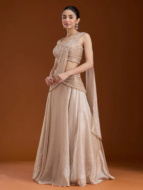 Beige Pearlwork Organza Readymade Lehenga