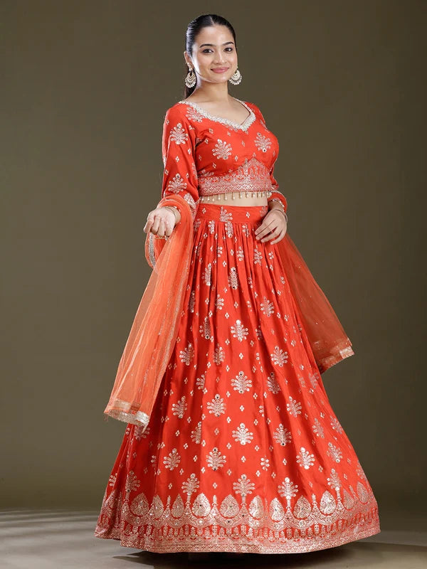 Rust Sequins Georgette Readymade Lehenga