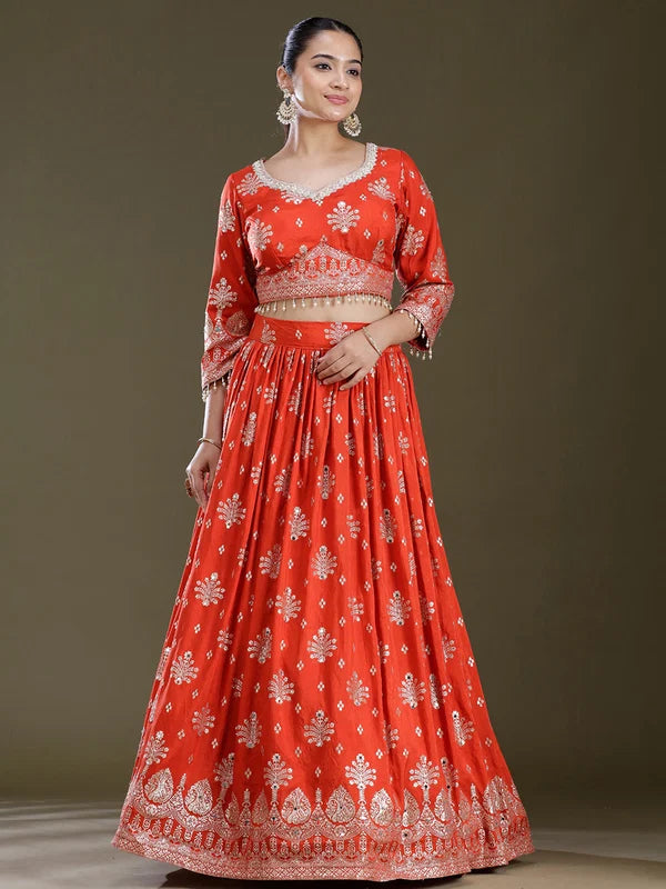 Rust Sequins Georgette Readymade Lehenga