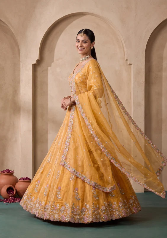 Mustard Yellow Cording Tissue Readymade Lehenga