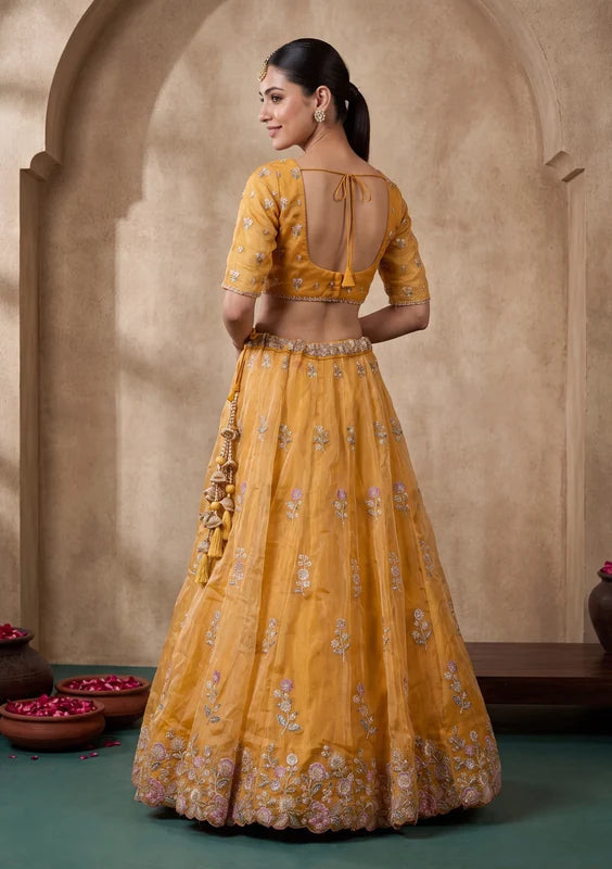 Mustard Yellow Cording Tissue Readymade Lehenga