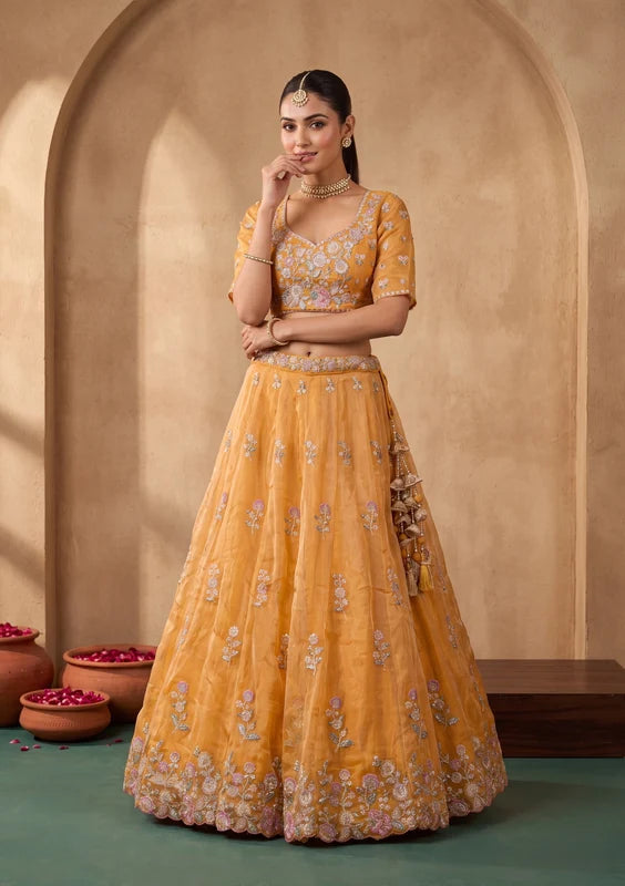 Mustard Yellow Cording Tissue Readymade Lehenga