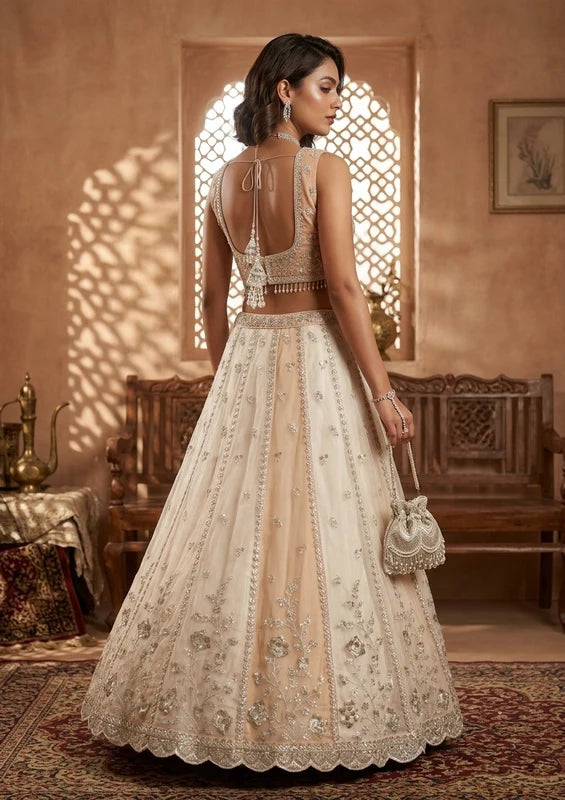 Off White Zariwork Organza Semi-Stitched Lehenga