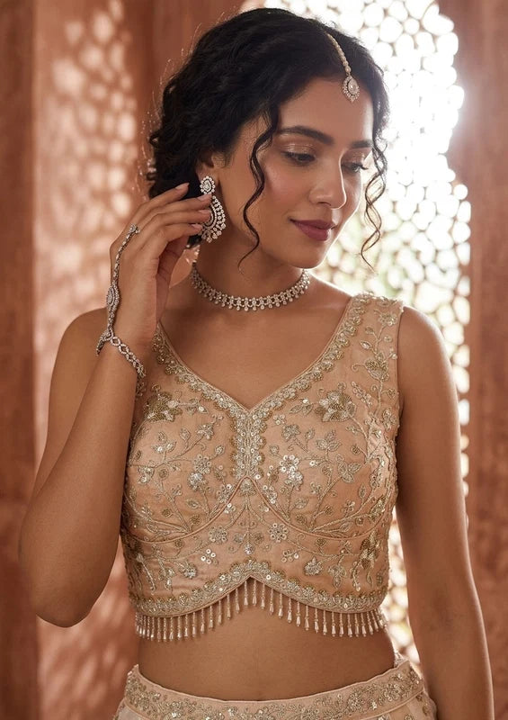 Off White Zariwork Organza Semi-Stitched Lehenga