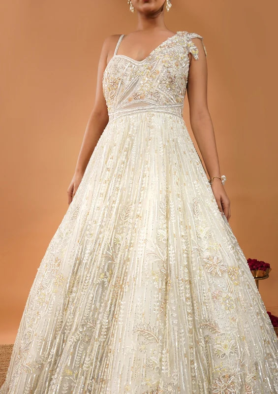 Off White Threadwork Net Gown