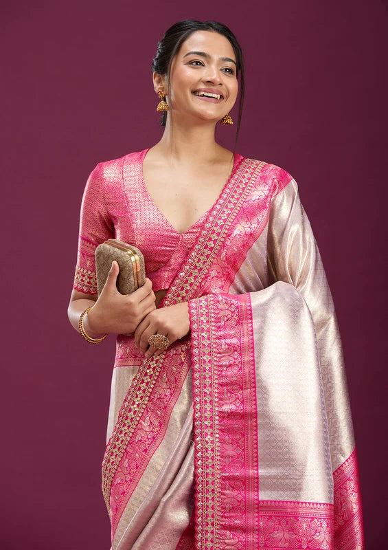 Light Lavender Silk Jaal Sequins Saree With Matching Blouse Piece