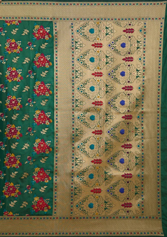 Bottle Green Silk Jaal Zariwork Saree With Matching Blouse Piece