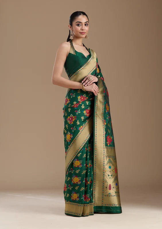 Bottle Green Silk Jaal Zariwork Saree With Matching Blouse Piece