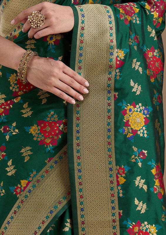 Bottle Green Silk Jaal Zariwork Saree With Matching Blouse Piece