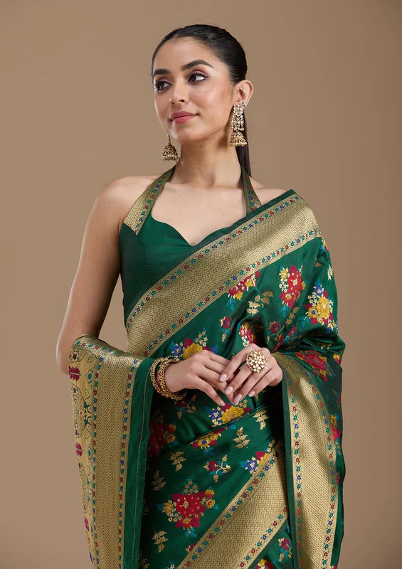 Bottle Green Silk Jaal Zariwork Saree With Matching Blouse Piece