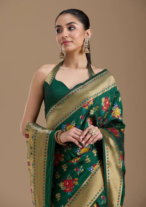 Bottle Green Silk Jaal Zariwork Saree With Matching Blouse Piece