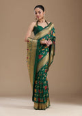 Bottle Green Silk Jaal Zariwork Saree With Matching Blouse Piece