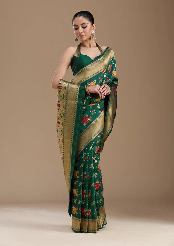 Bottle Green Silk Jaal Zariwork Saree With Matching Blouse Piece