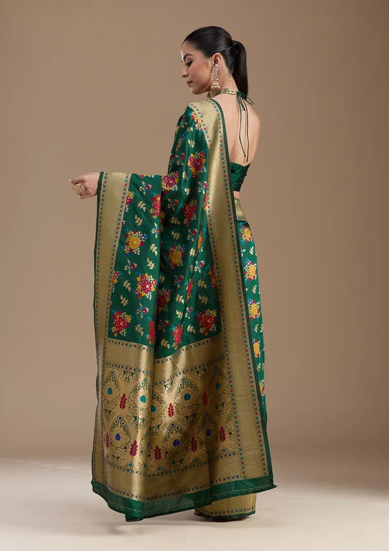 Bottle Green Silk Jaal Zariwork Saree With Matching Blouse Piece