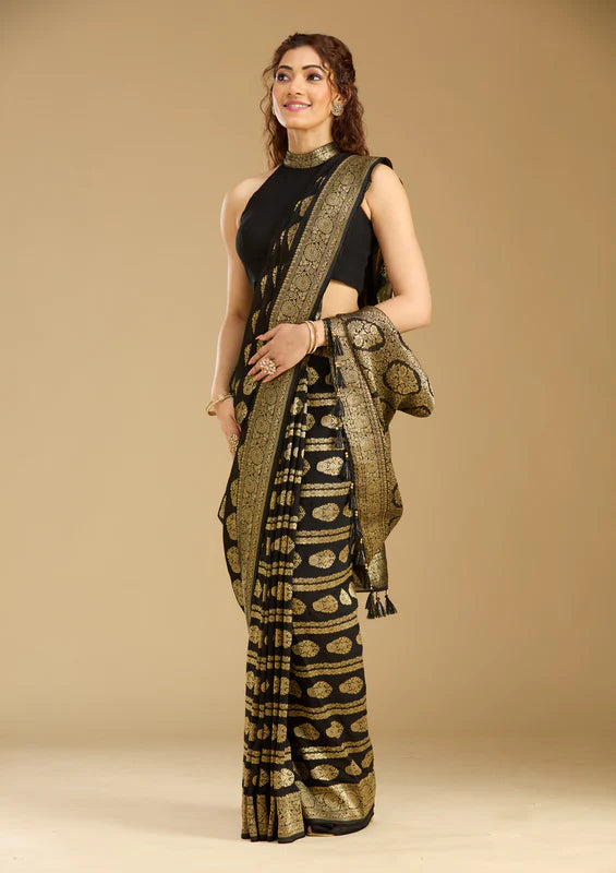 Black Georgette Buti Stonework Saree With Matching Blouse Piece