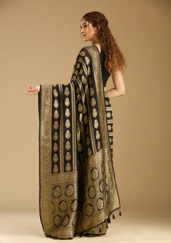 Black Georgette Buti Stonework Saree With Matching Blouse Piece