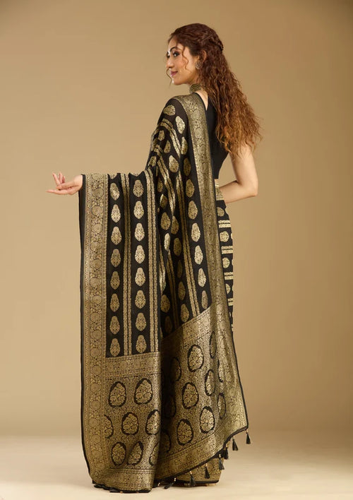 Black Georgette Buti Stonework Saree With Matching Blouse Piece