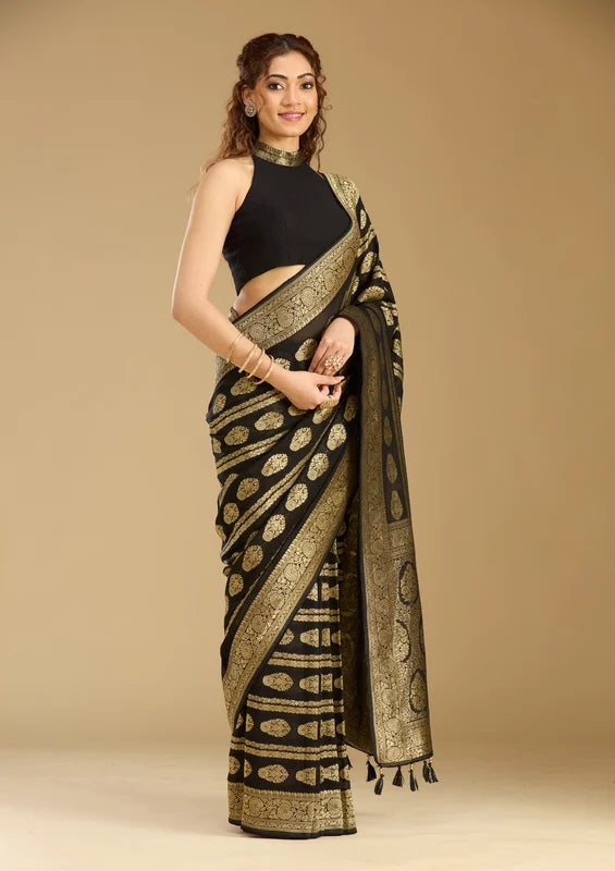 Black Georgette Buti Stonework Saree With Matching Blouse Piece