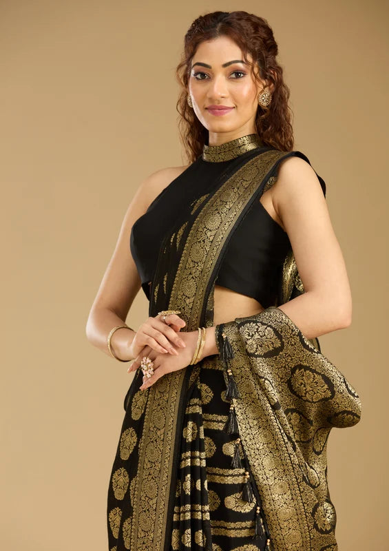 Black Georgette Buti Stonework Saree With Matching Blouse Piece