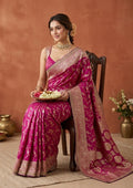 Wine Silk Banarasi Gold Stonework Saree With Matching Blouse Piece