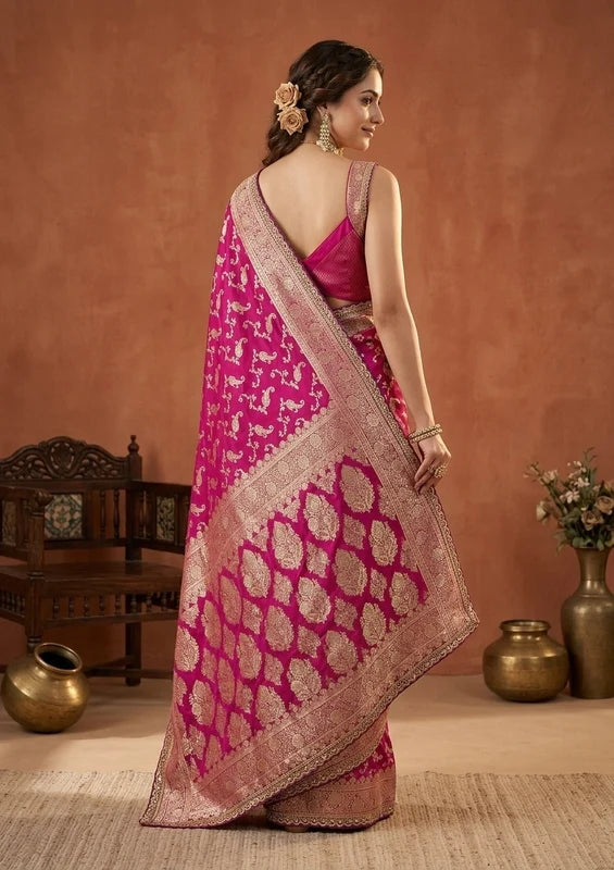Wine Silk Banarasi Gold Stonework Saree With Matching Blouse Piece