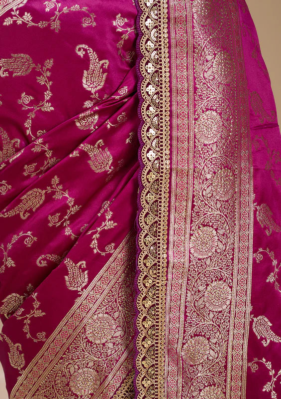 Wine Silk Banarasi Gold Stonework Saree With Matching Blouse Piece