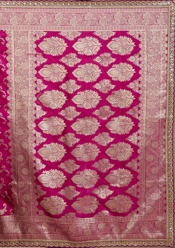 Wine Silk Banarasi Gold Stonework Saree With Matching Blouse Piece