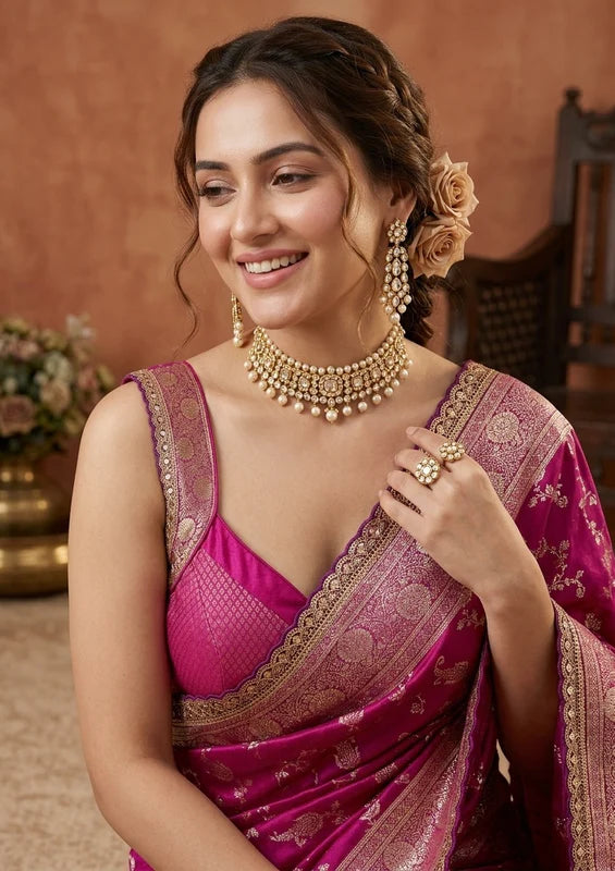 Wine Silk Banarasi Gold Stonework Saree With Matching Blouse Piece