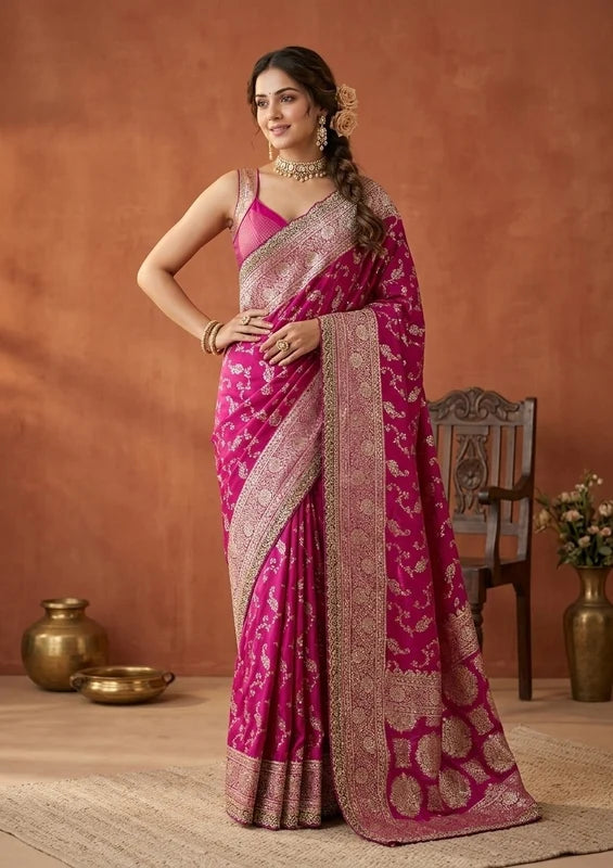 Wine Silk Banarasi Gold Stonework Saree With Matching Blouse Piece