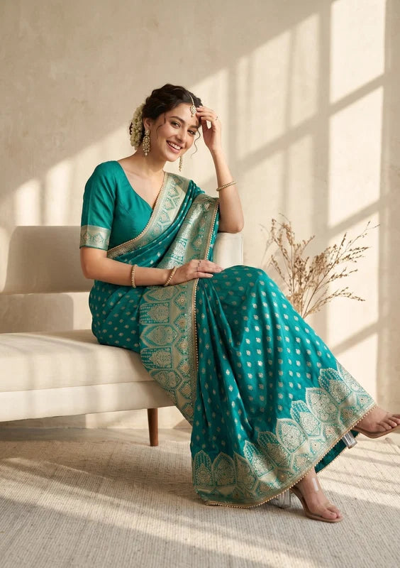 Rama Green Silk Buti Gold Stonework Saree With Matching Blouse Piece
