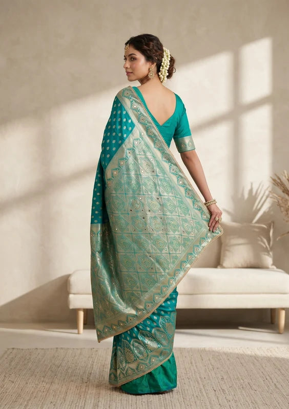 Rama Green Silk Buti Gold Stonework Saree With Matching Blouse Piece
