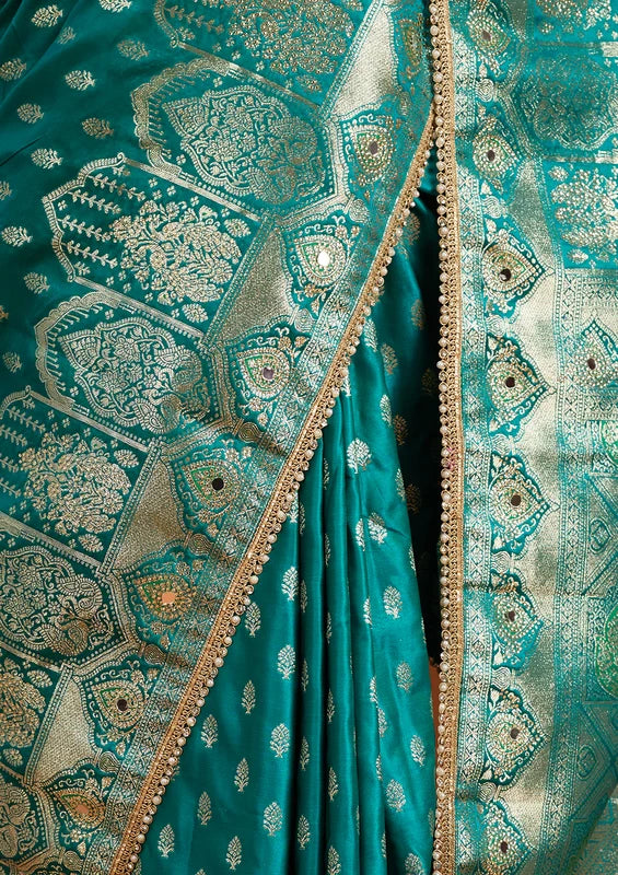Rama Green Silk Buti Gold Stonework Saree With Matching Blouse Piece