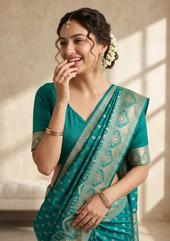 Rama Green Silk Buti Gold Stonework Saree With Matching Blouse Piece