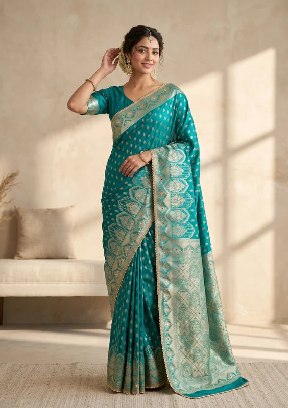 Rama Green Silk Buti Gold Stonework Saree With Matching Blouse Piece