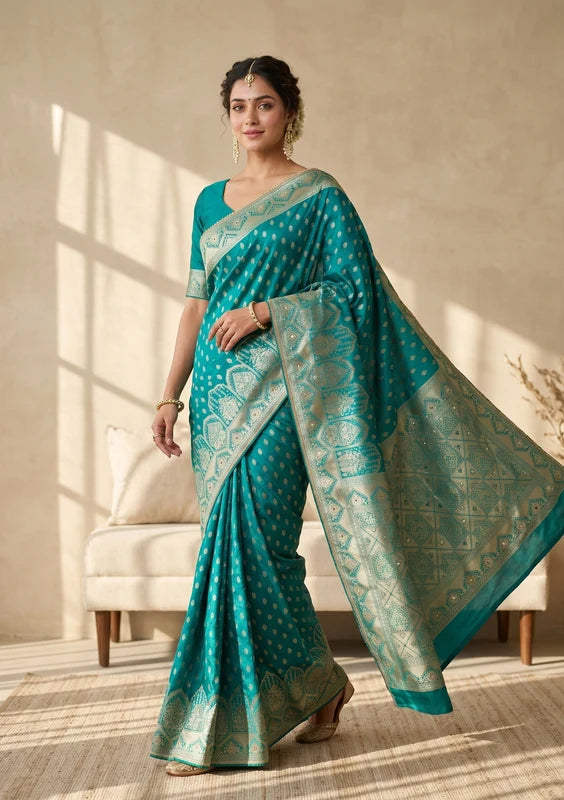 Rama Green Silk Buti Gold Stonework Saree With Matching Blouse Piece