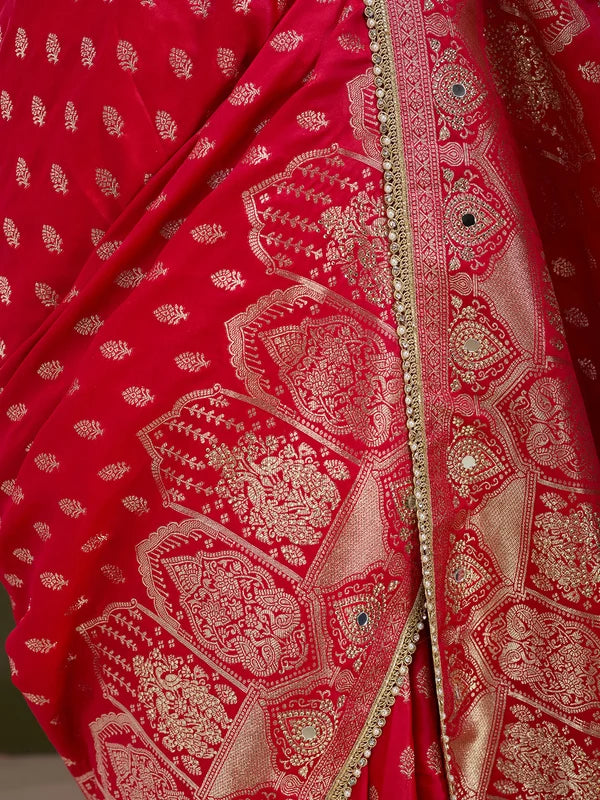 Red Silk Buti Gold Stonework Saree With Matching Blouse Piece