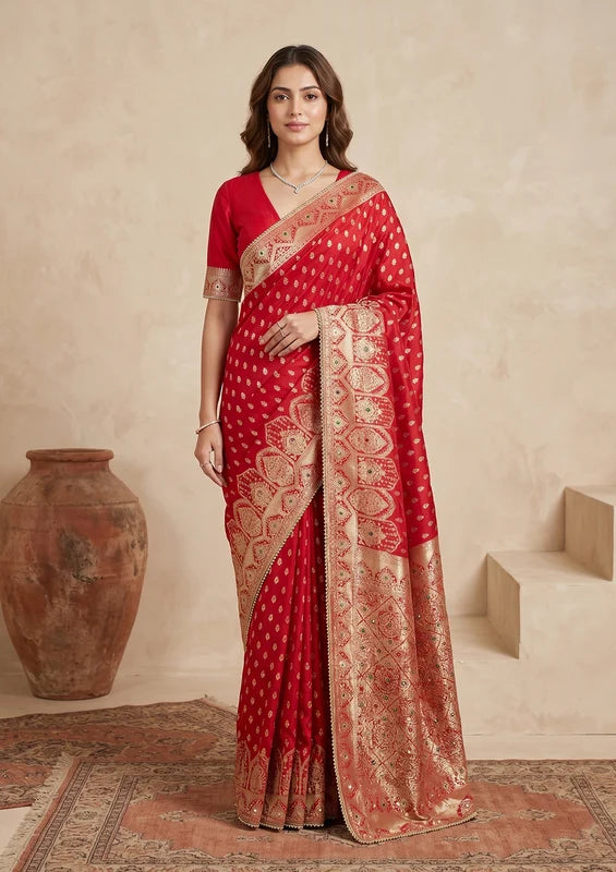 Red Silk Buti Gold Stonework Saree With Matching Blouse Piece