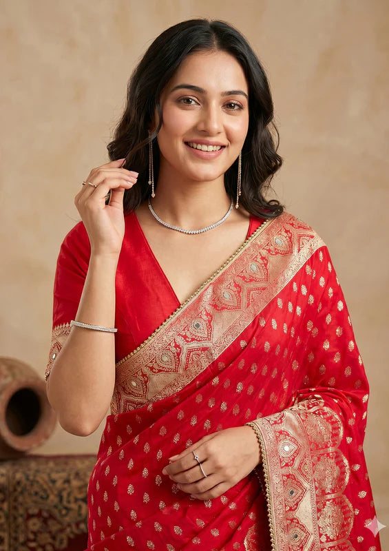 Red Silk Buti Gold Stonework Saree With Matching Blouse Piece