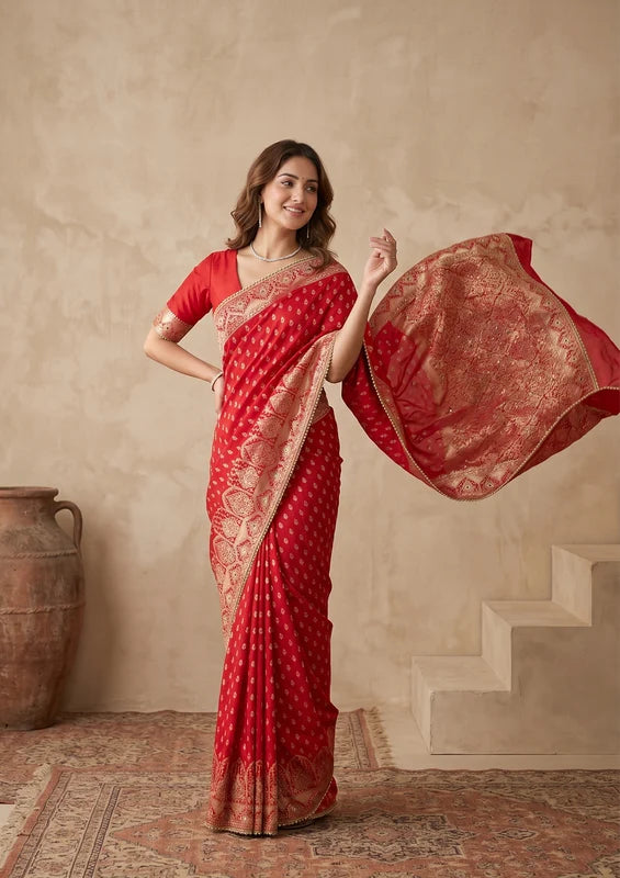 Red Silk Buti Gold Stonework Saree With Matching Blouse Piece