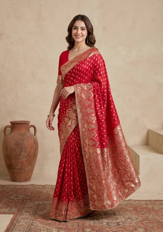 Red Silk Buti Gold Stonework Saree With Matching Blouse Piece