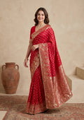 Red Silk Buti Gold Stonework Saree With Matching Blouse Piece