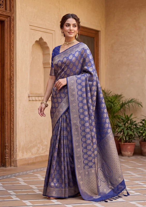 Navy Blue Banarasi Art Silk Saree With Matching Blouse Piece