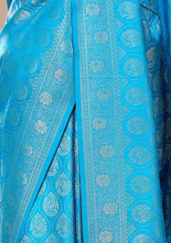 Turquoise Blue Banarasi Art Silk Saree With Matching Blouse Piece