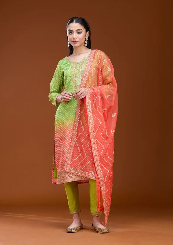 Parrot Green Orange Crepe Bandhej Gold Zariwork Straight Kurta With Pant Regular And Dupatta