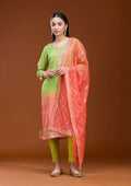 Parrot Green Orange Crepe Bandhej Gold Zariwork Straight Kurta With Pant Regular And Dupatta